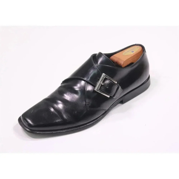 Prada Black Polished Leather Buckle Monk Strap Dress Loafers Shoes Men's US 8 - Picture 1 of 11